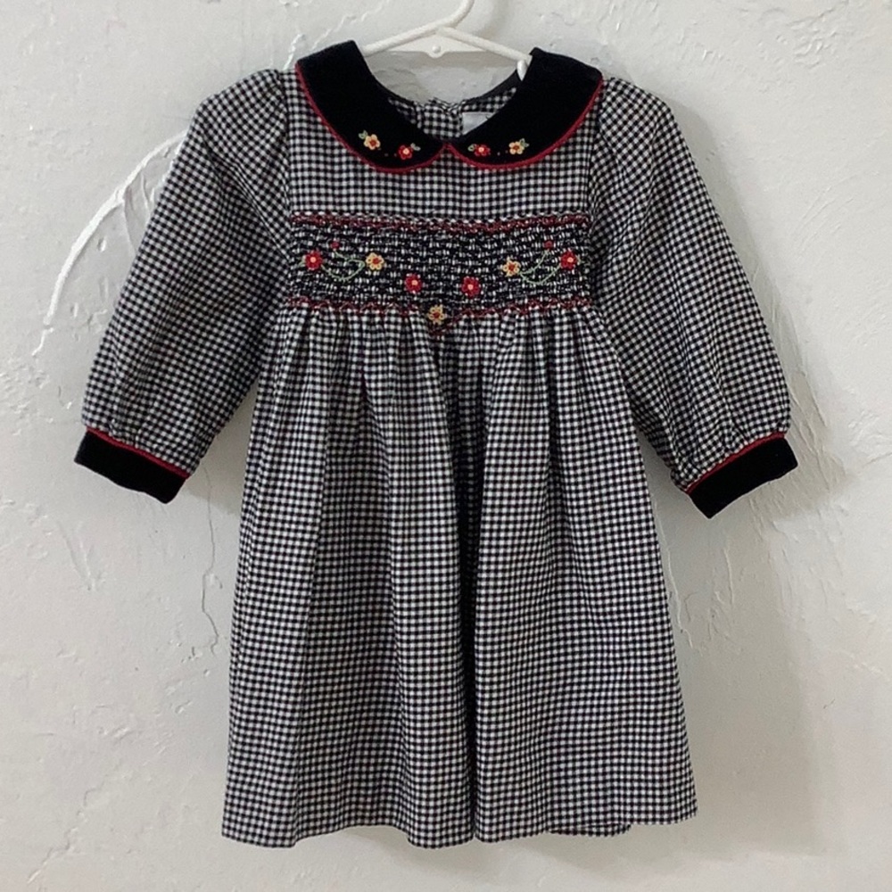 Rare Editions Smocked Houndstooth Floral velvet trim dress size 18M EUC